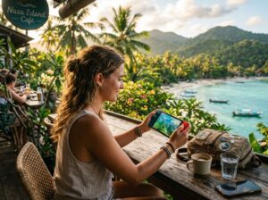Gamer traveler playing console comparing island game scenery
