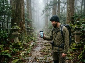 Traveler comparing Ghost of Tsushima game to real Tsushima Island