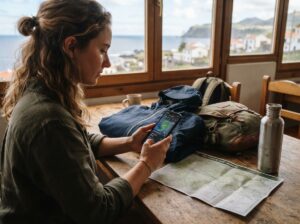 Checking island weather before hiking