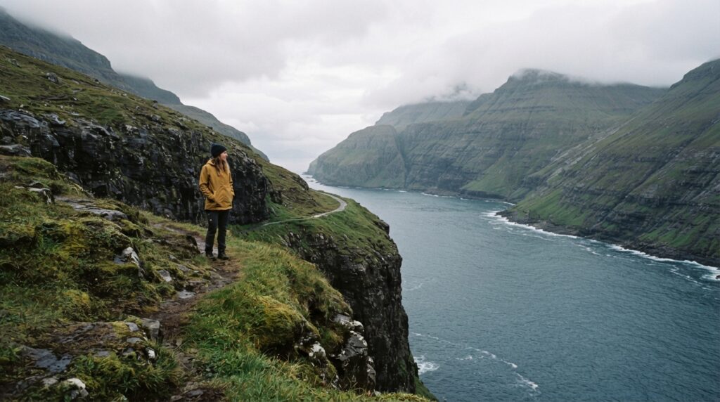 Traveller on a cool Faroe Islands coast