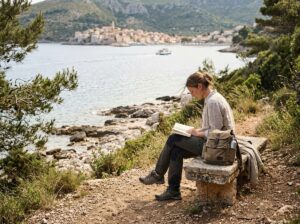 Reading beside an island shoreline
